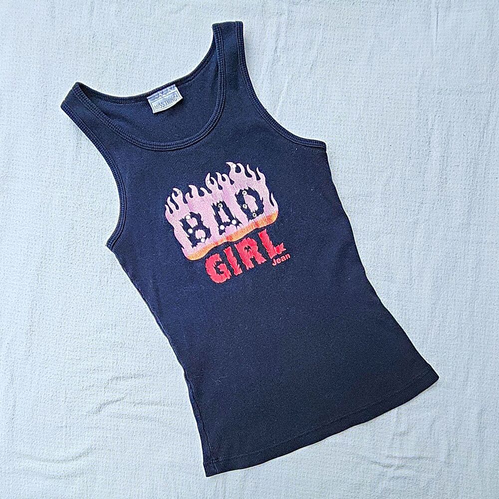 Vtg Y2K Miss Thing USA Bad Girl Graphic Tank Top Ribbed Black Grunge Baby Tee XS